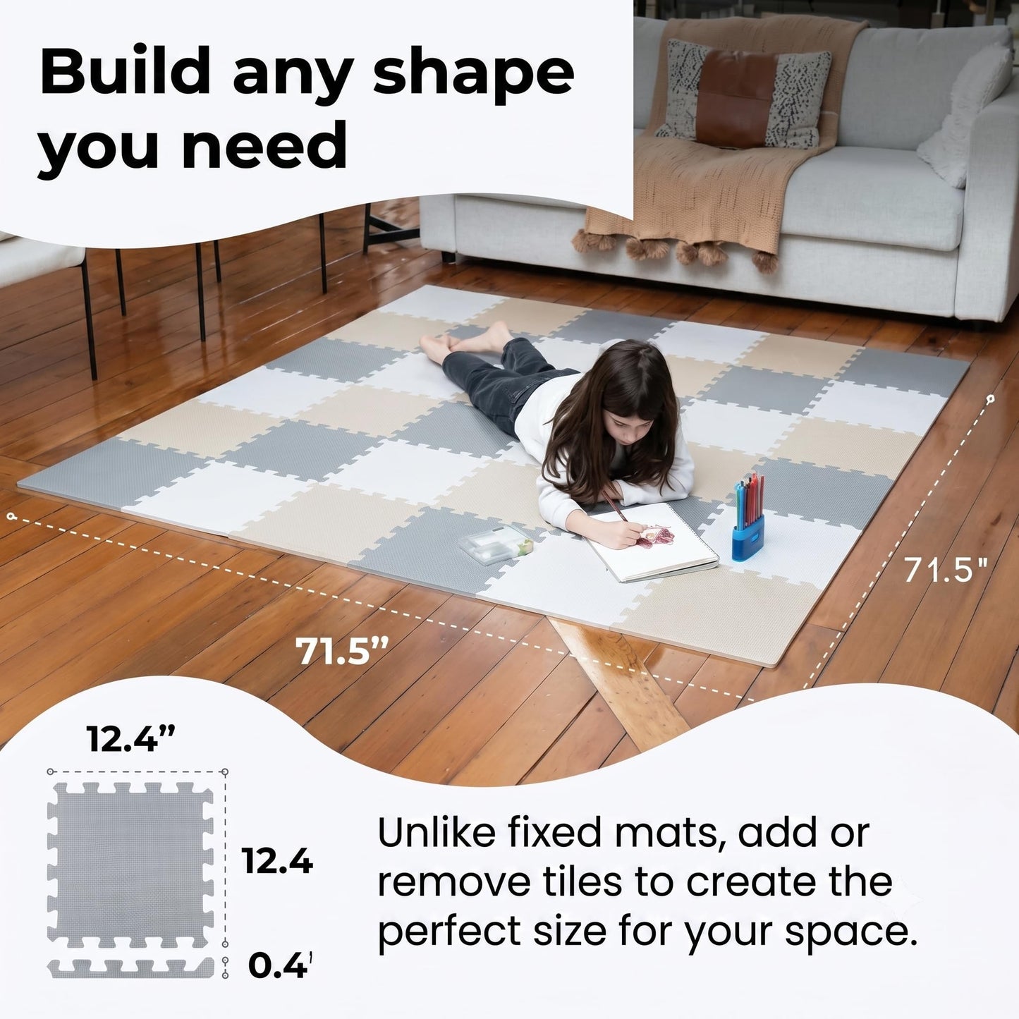 MioTetto Baby Play Mat, Soft Foam Floor Tiles for Kids. Adjustable Interlocking Foam Tiles, Fits with 74x74 Playpen Baby mat for Crawling & Development, Safe & Non-Toxic Playmat for Babies 6-12 Months
