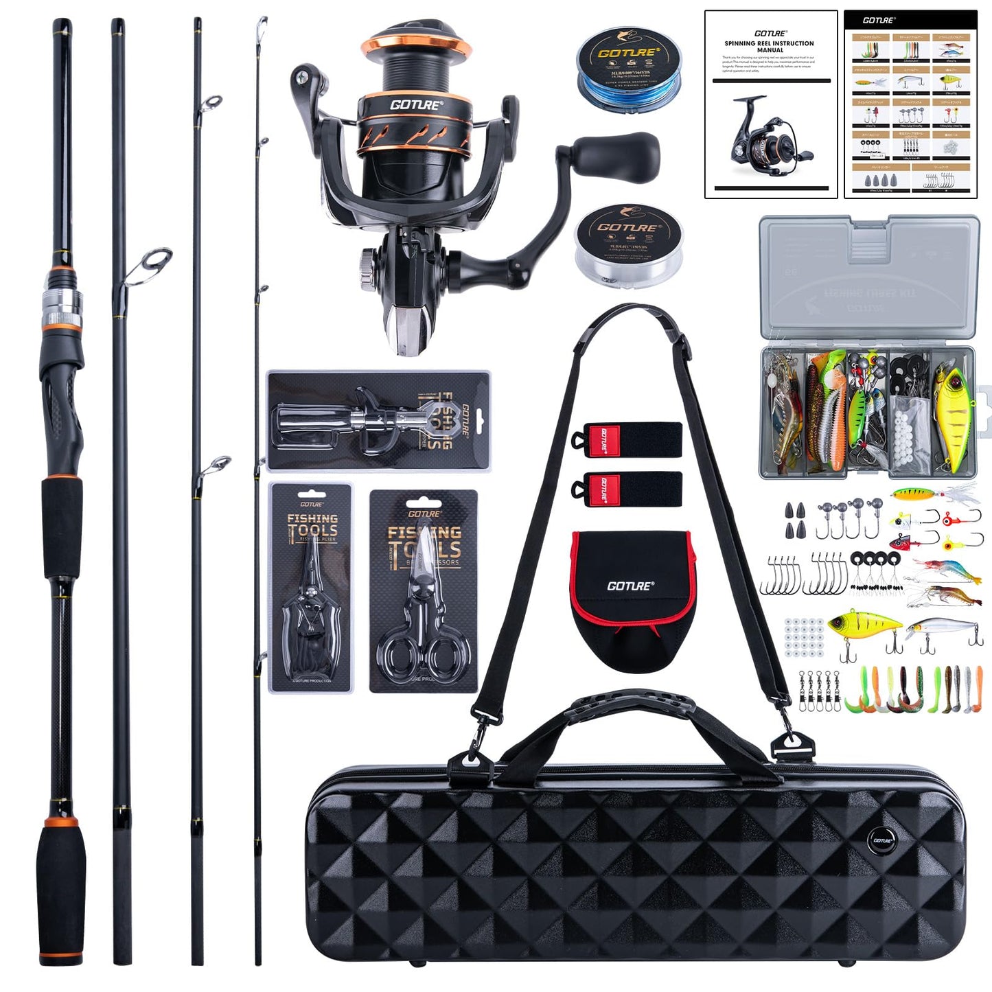 Goture Fishing Rod and Reel Combos-4 Piece Fishing Rod Set, Casting/Spinning Rod, Lures Set with PC Hard Shell Suitcase, Rod Reel Combo Kit for Starter Travel Saltwater, Gifts for Men