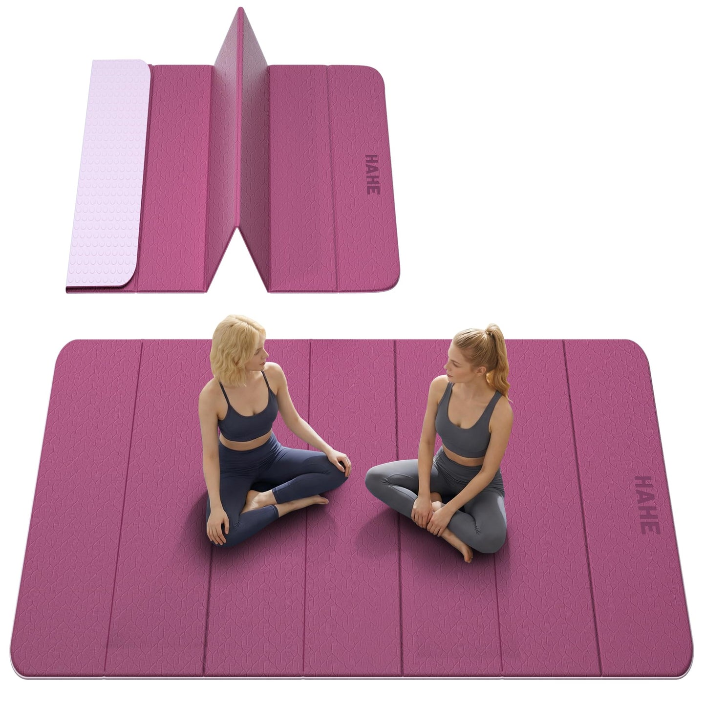 HAHE Extra Wide Folding Exercise Mat 75"x40"x0.4" TPE Fitness Mat, High Density Non-Slip Yoga Mat for Home Gym, 7-Fold Portable for Women, Men, Strength Training, Travel, Floor Exercises (Deep Pink & Light Pink)