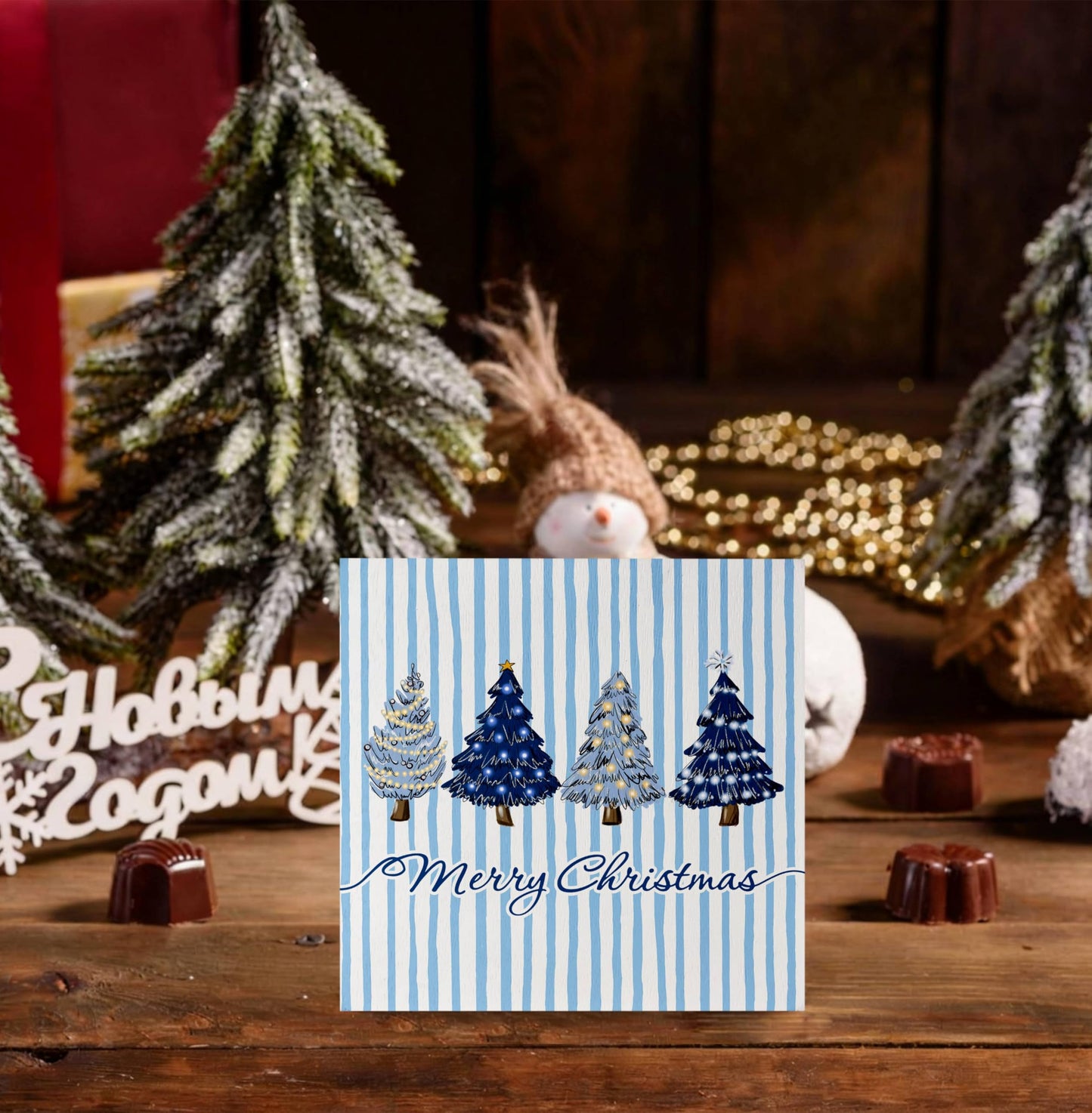 KEUSPI Navy Blue Merry Christmas Tree Wooden Box Sign, Christmas Tree Decor, Xmas Navy Blue Striped Winter Wood Box Block Sign for Home Office Desk Tabletop Shelf Decoration 5x5 Inch