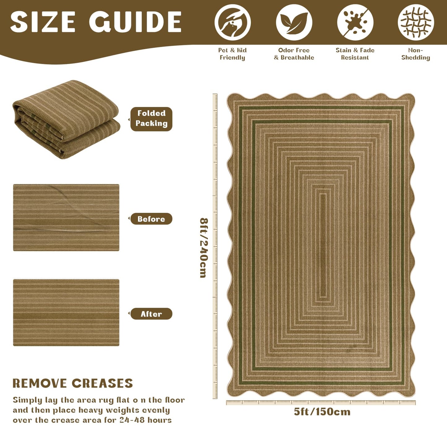 Yamaziot Washable Indoor Outdoor Rug 5x8, Scalloped Geometry Faux Tan Jute Outdoor Carpet Non Slip Modern Woven Textured Patio Rug for Backyard Balcony Deck, Green