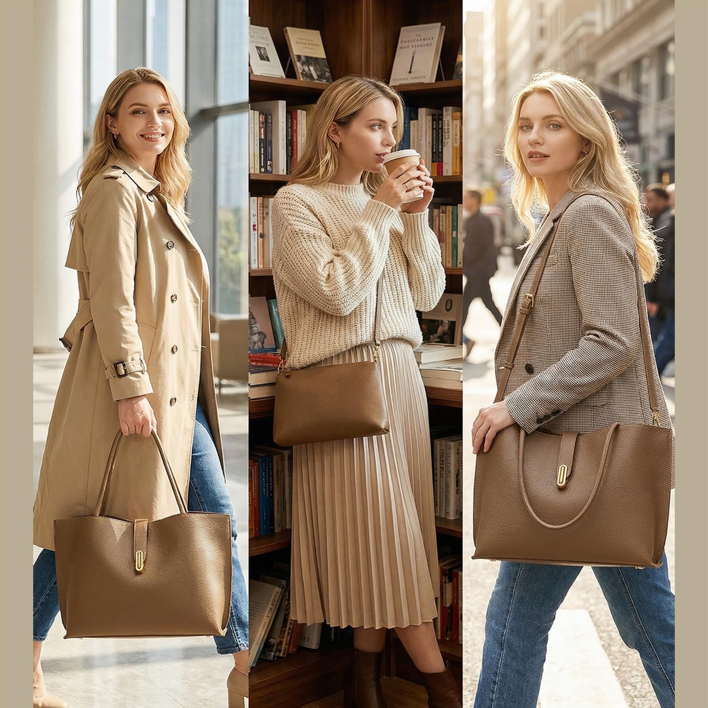 Vegan Leather Tote Bag for Women,UPGRADED LARGER SIZE 2-in-1 Shoulder Handbag with Removable Pouch,Work & Daily Use(Large - Vegan Leather - brown)
