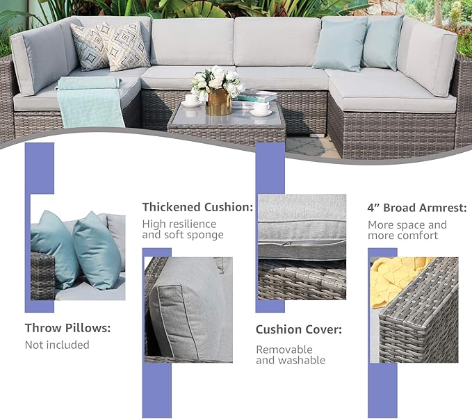 Patiorama 7 Pieces Outdoor Patio Furniture Set, All Weather Grey PE Wicker Rattan Sectional Conversation Set, Porch Garden W/Built-in Glass Table, Seat Clips, Light Grey Cushions