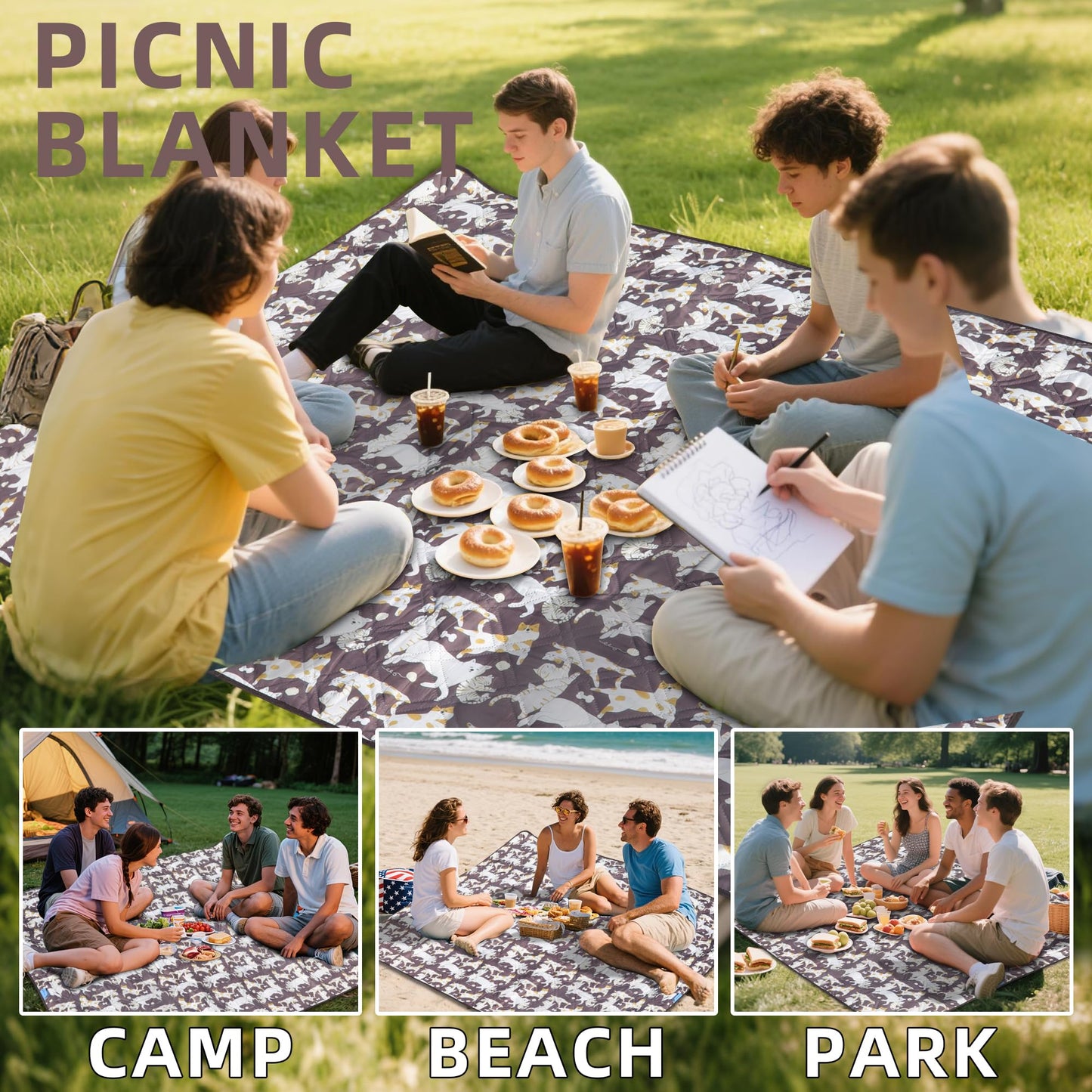 PICYALO Double Thickened Picnic Blanket, 80x80 Inches, White Fish Pattern, Cotton Filled, Portable Foldable with Leather Carry Strap, Beach and Camping