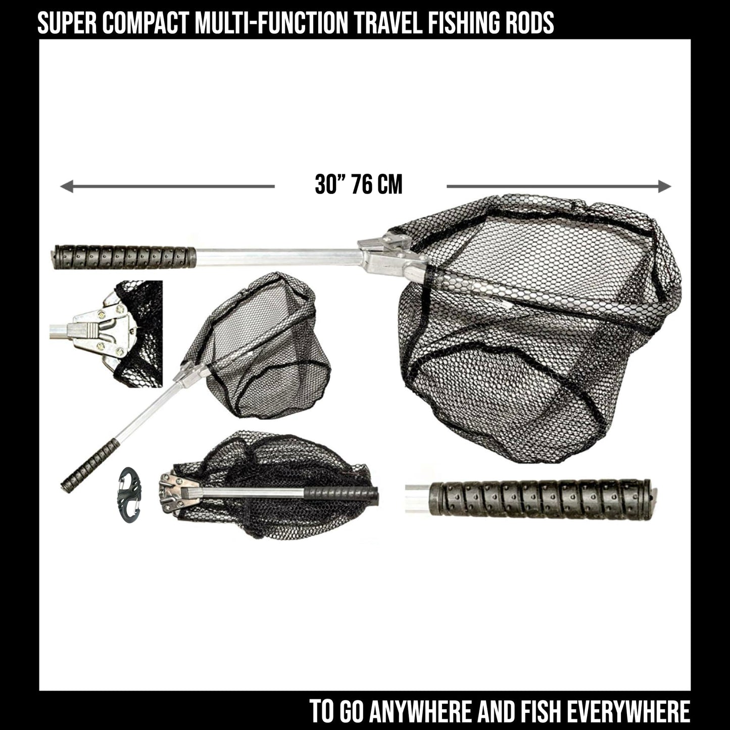 Travel Fishing Landing Net. Super Compact, Folding, Rugged Travel Fish Net. Extra Deep Coated, Low Smell Net + S Carry Hook. Freshwater and Saltwater Angling.