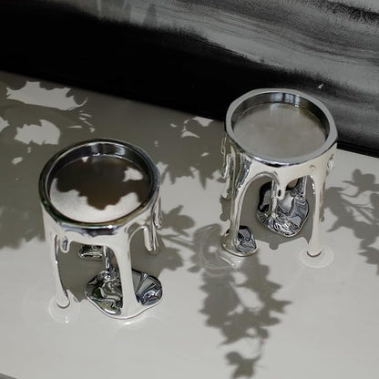 Decorative Candle Holders Set of 2 – Melting Drip Candle Stand for Pillar Candles – Sculptural Fireplace Decor, Gothic Table Centerpiece, Unique Home Accent(Silver, Set of 2)