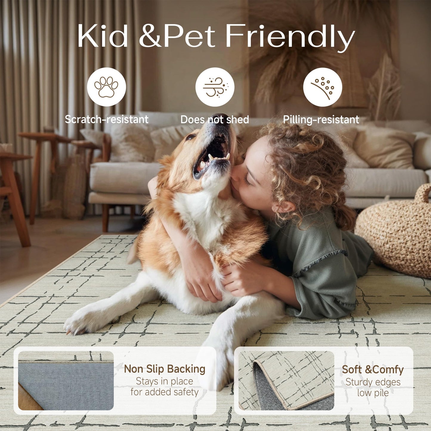 PureCozy 4x6 Washable Neutral Area Rug for Living Room Sand Gray Modern Small Carpet Non Slip Low Pile Indoor Bedroom Soft Accent Throw Rug for Dining Room Office Nursery Playroom