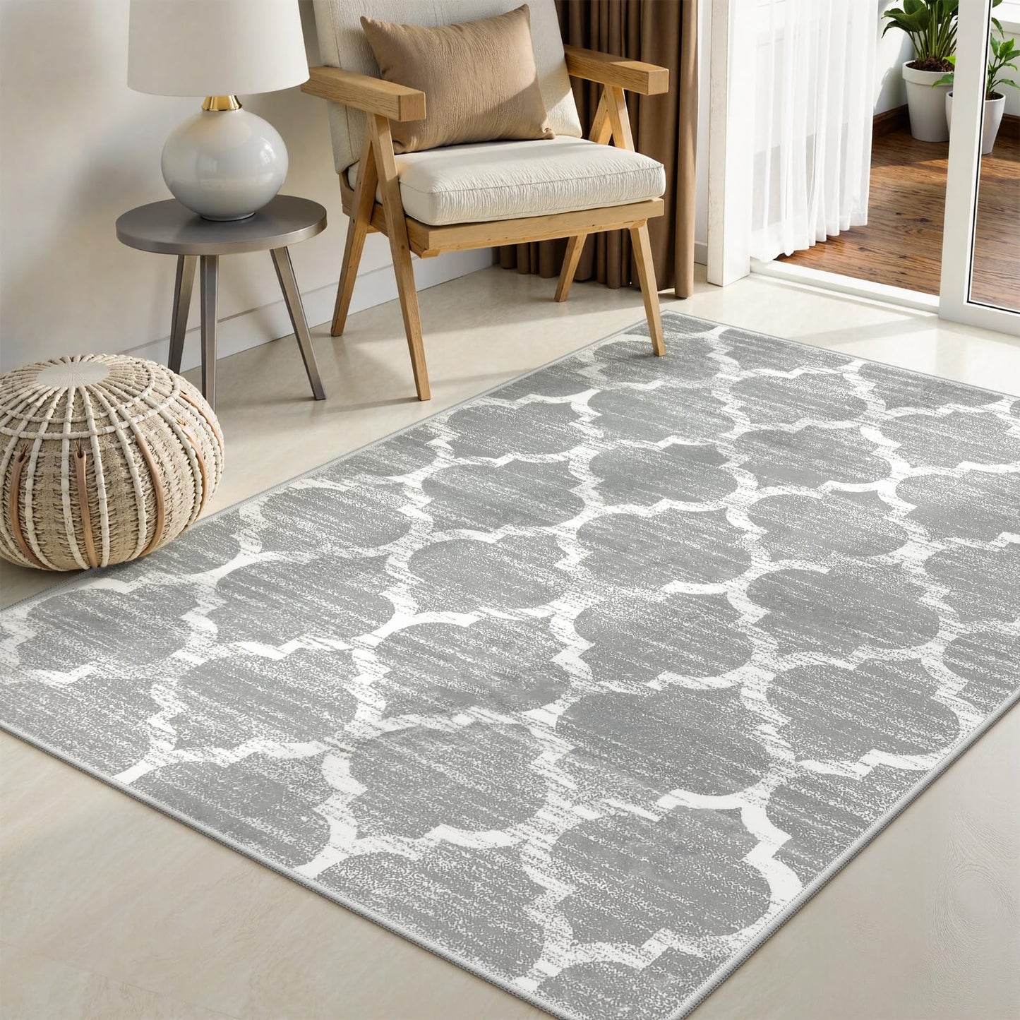 Lahome Moroccan Bedroom Rug - 3’x5’ Area Throw Washable Rugs Small Non-Slip Accent Distressed Floor Carpet for Door Mat Entryway Living Room Kitchen Laundry Dorm Decor Meline (3’ X 5’, Gray)