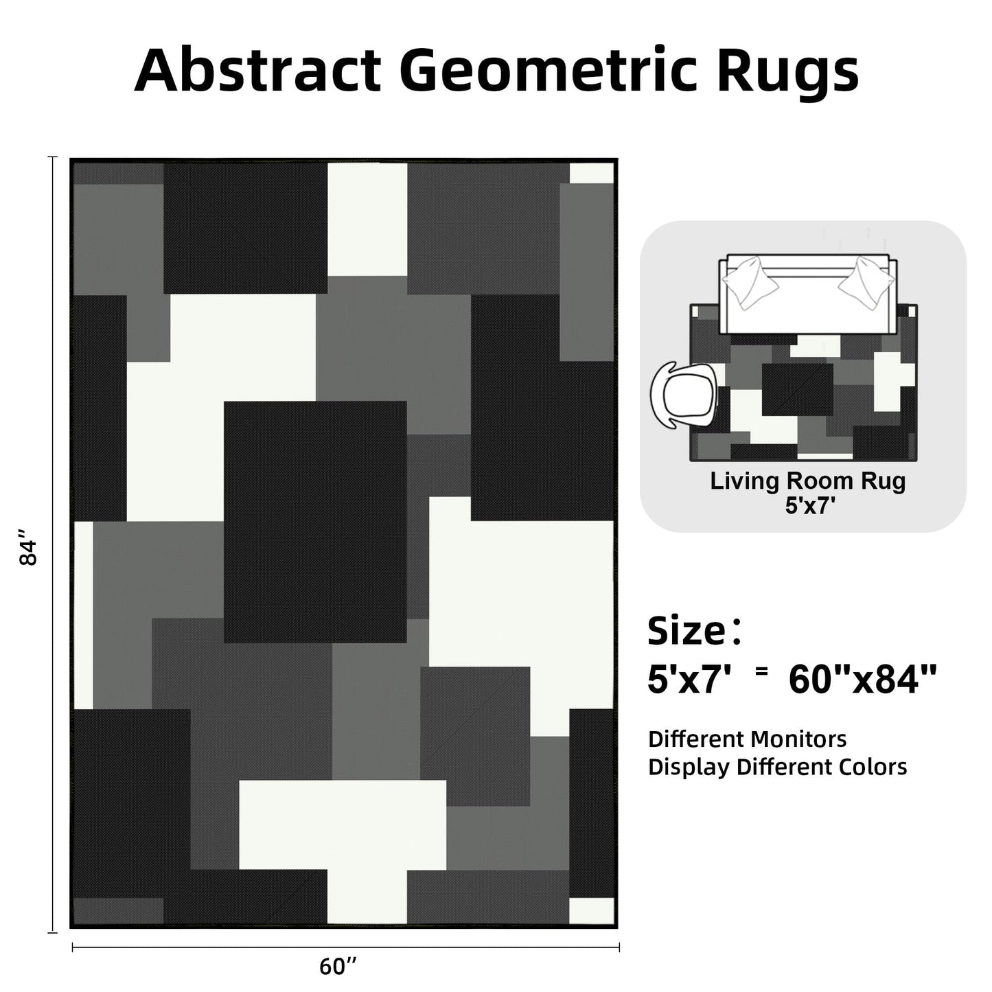 Tyrot Modern Geometric 5x7 Area Rugs Non Slip Mid Century Washable Rug Black and White Grey Abstract Ultra Thin Linen-Look Indoor Outdoor Rug for Living Room Bedroom Dining Room, Home Office
