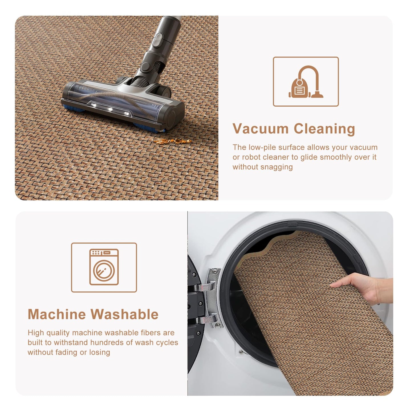 KIMODE Kitchen Rugs and Mats Set of 2,Scalloped Kitchen Mats for Floor,Non Slip Washable Farmhouse Kitchen Runner Rug,Absorbent Braided Kitchen Sink Mats for Kitchen Decor,17"x29"+17"x47",Brown