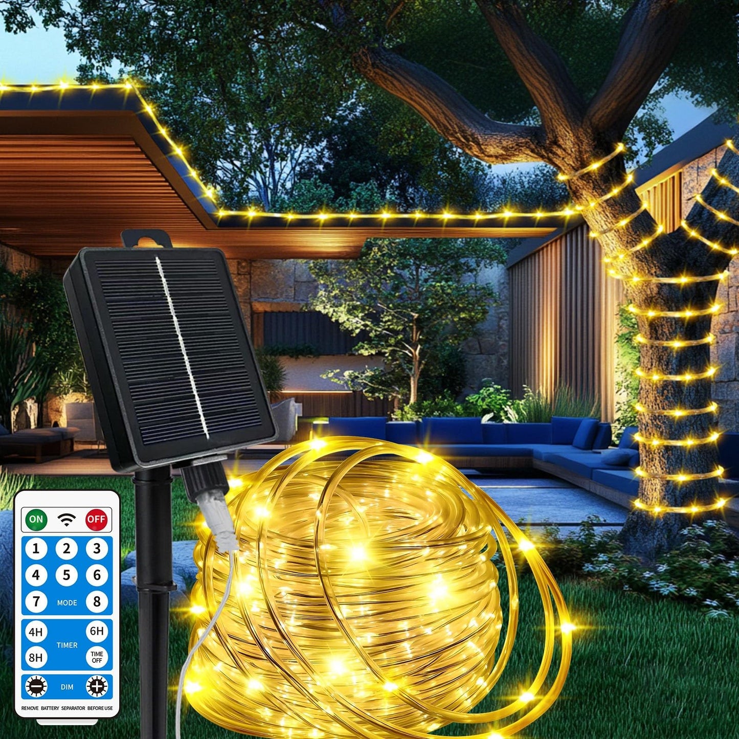 LairtPOW Solar Rope Lights with Remote for Palm Tree,39FT 100LEDs Outdoor Solar Strip Lights for Garden,IP67 Waterproof,USB Charging, Timing & 8 Modes Larger Tube Fairy Light for Christmas(Warm White)