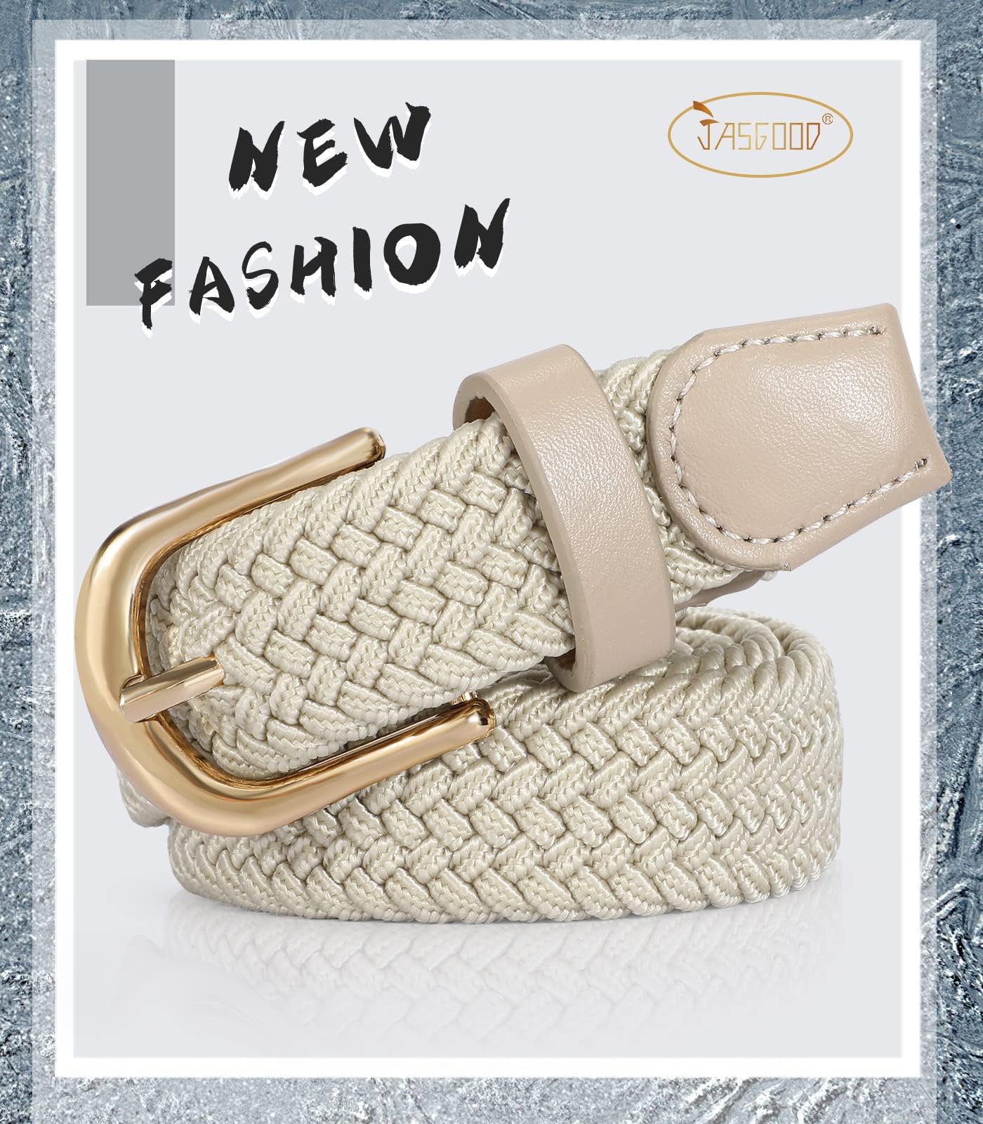 JASGOOD 2 Pack Braided Belts for Women, 1'' Narrow Width Elastic Woven Stretch Fabric Cloth Belts with Gold Buckle