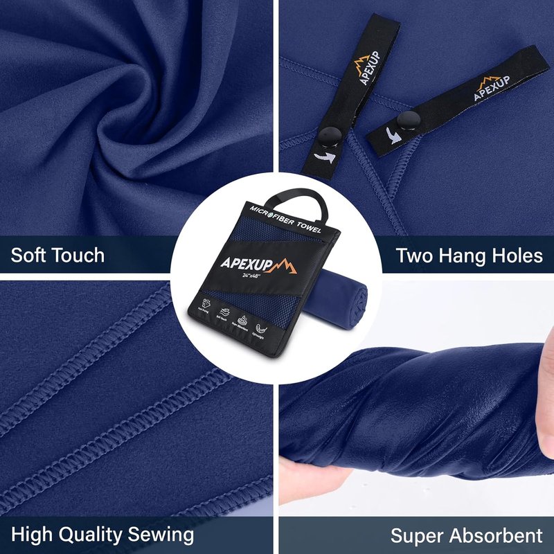 Microfiber Travel Towel - Ultra Absorbent Quick Dry Gym & Camping Towel | Lightweight, Navy Blue (24"×12")
