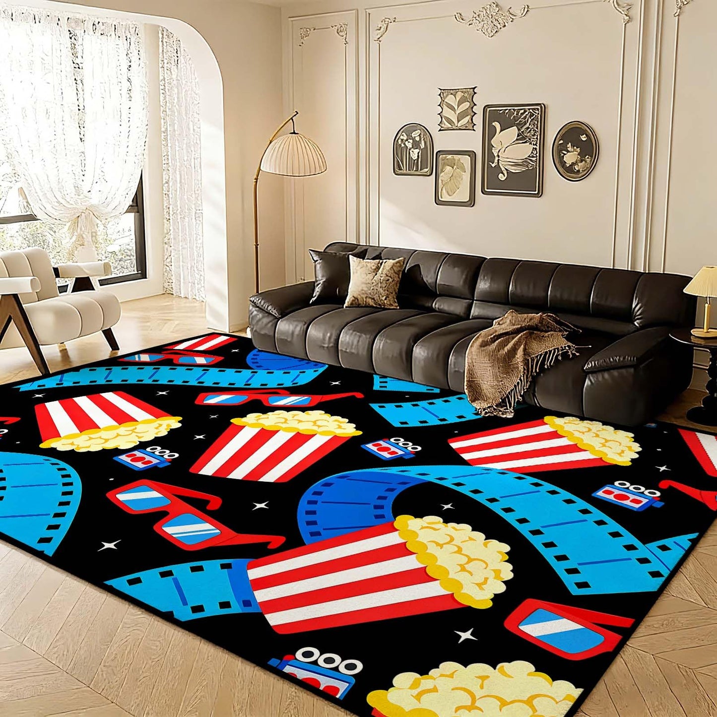 Movie Theater Area Rug, Popcorn Film Reel & 3D Glasses Rug, Cinema Sign Rugs, Movie Night Home Theater Rugs, Washable Non-Slip Soft Low Pile Home Cinema Carpet (4' x 6'(Rectangular))