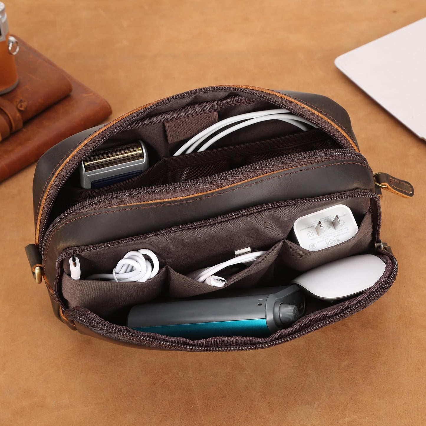 Polare Full Grain Leather Travel Electronics Organizer Case Cable Storage Carry Bag with YKK Zippers Tech Pouch for Cord, Phone, Cables, USB, SD Card, Travel Essentials