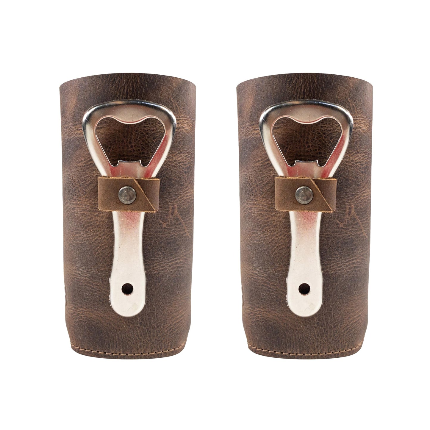 Hide & Groom, Set of 2 Bottle Sleeves with Bottle Opener Slot for Weddings, Best Man Accessories, Rustic Covers for Standard Bottles, Collapsible, Full Grain Leather, Handmade, Bourbon Brown