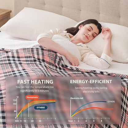 Homemate Electric Blanket Heated Throw - 50“x60“ Ultra Soft Cozy Flannel Heating Blanket with 10 Fast Heat Levels 8 Hours Auto Off Over-Heated Protection ETL Certification Keep Warm in Home Office