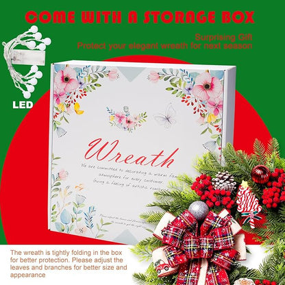 Christmas Wreaths for Front Door, 20 Inch Lighted Artificial Christmas Door Wreath with Candy Lollipops Ball Bow, Holiday Decorations for Home Decor