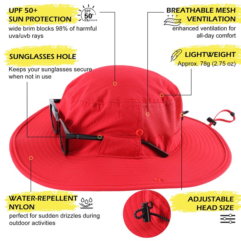 Connectyle Outdoor Wide Brim Bucket Hat for Men Women Adjustable Breathable Fishing Cap UPF 50+ Sun Protection Boonie Hat Red