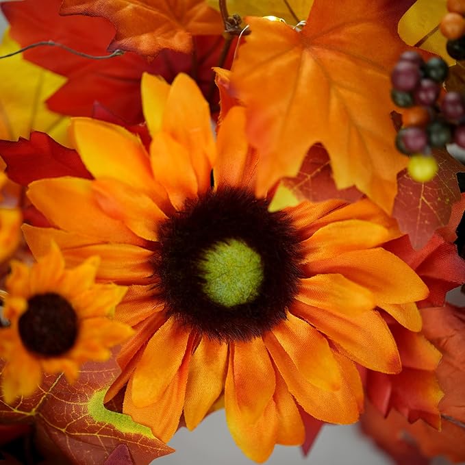20-inch Fall Wreath, Battery Operated Autumn Wreath with 20 Fairy Lights, Sunflower, Pine Cones, Maple Leaves, Orange & Purple Berries