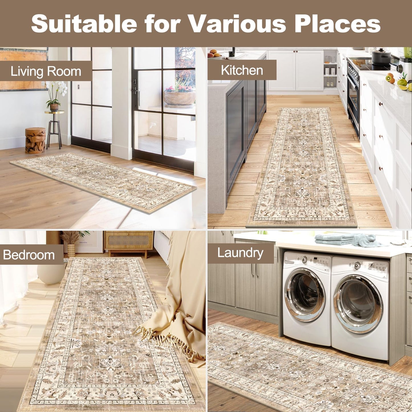 LOKHOM Washable Runner Rug, 2x6 Non-Slip Vintage Hallway Runner Rug with Rubber Backing, Boho Floral Soft Faux Wool Kitchen Rug Carpet Runner for Kitchen Laundry Entryway Bedroom (Beige Brown)