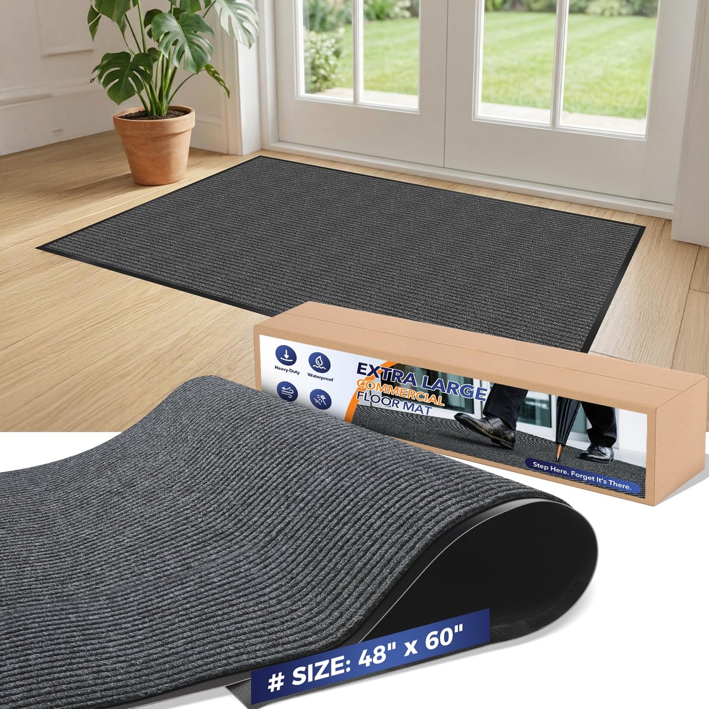 MossGrip Commercial Floor Mat, 4 x 5 FT Extra Large Door Mat, Indoor/Outdoor Entrance Mat, Commercial Rug with Water & Stain Proof, Easy to Clean, Low-Profile, Heavy Duty Rubber Mat, Charcoal Grey