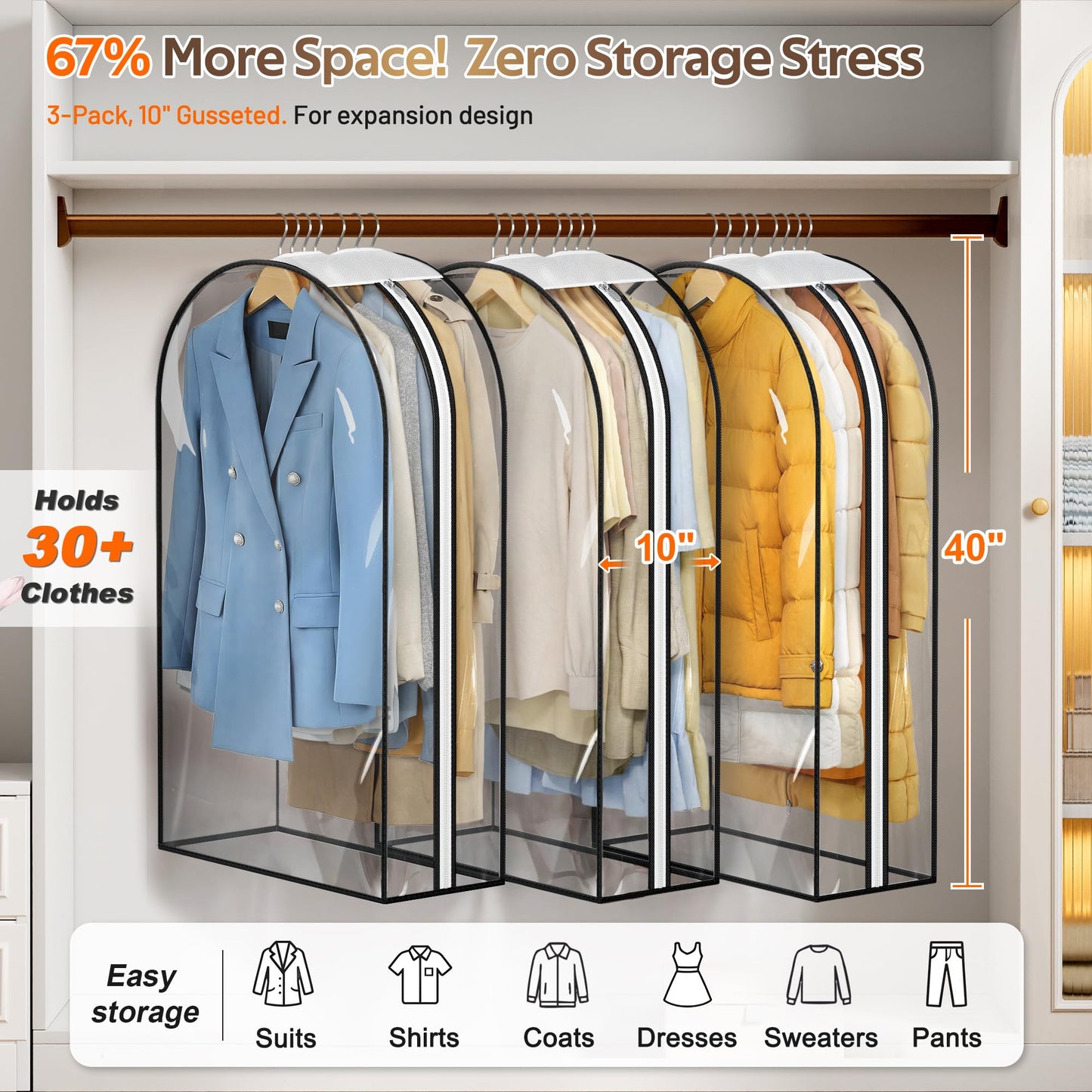 MISSLO 10" Gusseted All Clear Garment Bags for Hanging Clothes 3 Packs 40" Suit Bags for Closet Storage Hanging Clothes Storage Suit Cover for Shirts, Coats, Dresses
