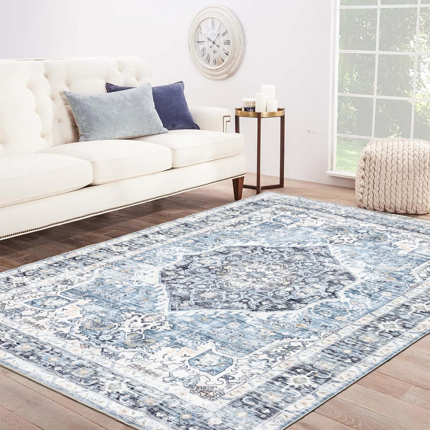 Domitapis Area Rug 9×12, Large Vintage Boho Rug,Ultra-Soft Low Pile, Washable, Non Slip,Stain Resistant, Printed Carpet for Living Room Bedrooms Playroom Office Kitchen, Light Blue