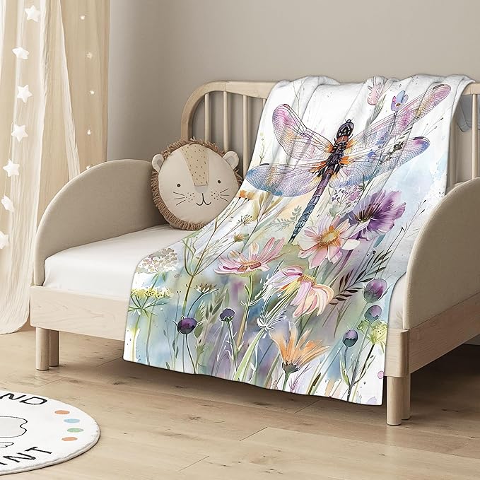 Throw Blanket, Boho Watercolor Dragonfly Throw Blankets for Adult Kids Boys Girls, Wildflowers Decor Gifts for Home Bed Couch 50x60 Inches