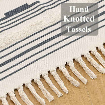 Boho Runner Rug Washable Hallway Rug Runner, Tufted Woven Cotton Farmhouse Area Floor Mat for Bedroom, Modern Diamond Entryway Carpet with Tassels (Grey, 2'x5')