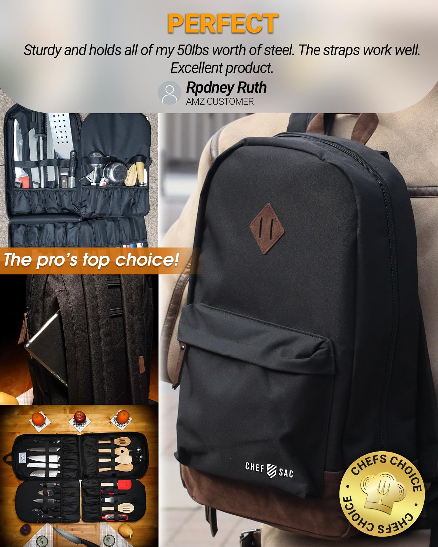 Chef Knife Backpack, Professional Knife Bag for Chefs and Culinary Students, Heritage Design, Reinforced Handles, YKK Zippers, Secure Knife Retention Panels, Durable Water-Resistant Fabric (Black)