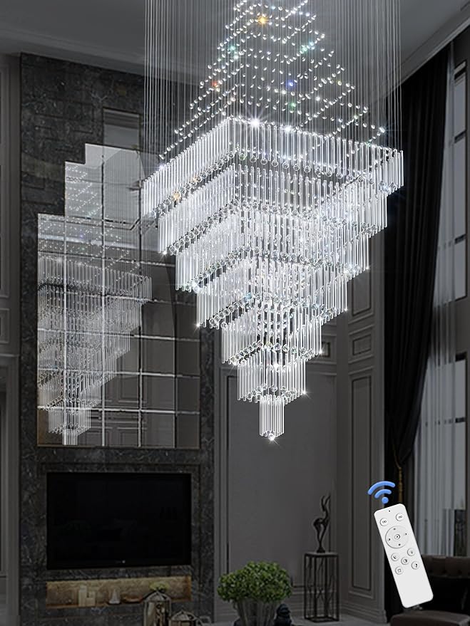 Flashing God D59''X H120'' Extra Large Chandeliers for High Ceilings Black Square Chandeliers Crystal Raindrop Chandelier for Villa Entrance Foyer LED Dimmable 2700K-6000K