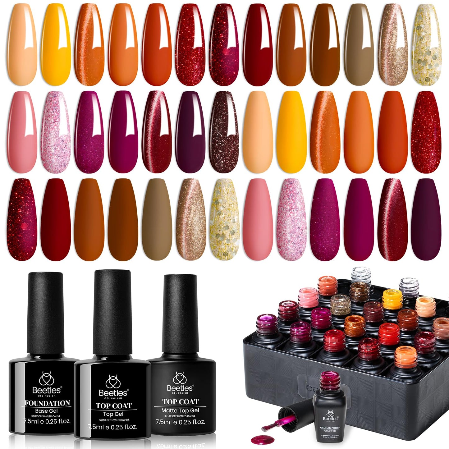Beetles Fall Gel Nail Kit, Mystic Wonderland Gel Polish Set, 36 Colors Burgundy Brown Orange Red Polish Kit with Base Coat Glossy Matte & Glitter Top Coat Soak Off UV Led Nails Gifts for Women