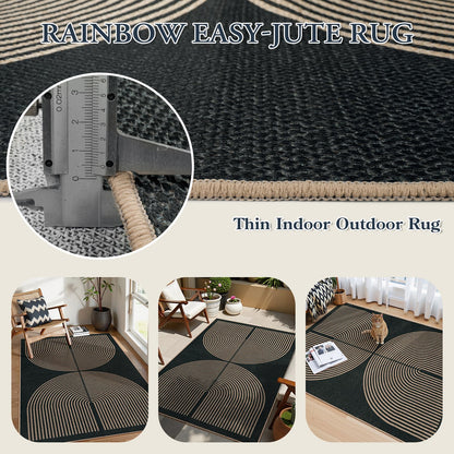 Lahome Modern Rainbow Easy Jute 4x6 Rug, Outdoor Patio Rug for Living Room Washable Black Carpet for Bedroom, Contemporary Non Slip Non Shedding Floor Carpet for Office Backyard