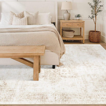 VECARF Area Rug 6x9 Washable Rug, Vintage Boho Medallion Rugs Non-Slip Soft Low Pile Large Distressed Rug Indoor Retro Carpet for Living Room Bedroom Dining Room Home Office (Beige, 6'x9')
