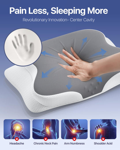 Cervical Pillow for Neck Pain Relief - Ergonomic Memory Foam Pillow with Cooling Case Orthopedic Support Side Sleeper Pillow for Pain Relief Support for Side Back Stomach Sleepers