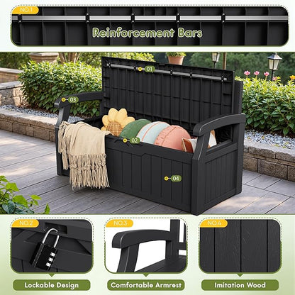 Greesum 80 Gallon Storage Bench Outdoor Deck Box with Armrest, Patio Furniture, Lockable, Waterproof and UV Resistant, Suitable for Garden, Poolside, Dark Black