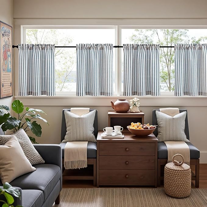 jinchan Striped Linen Kitchen Curtains 24 Inches Length Tier Curtains Farmhouse Modern Cafe Style Small Window Treatments Airy Light Filtering Rod Pocket for Living Room Bathroom 2 Panels Blue