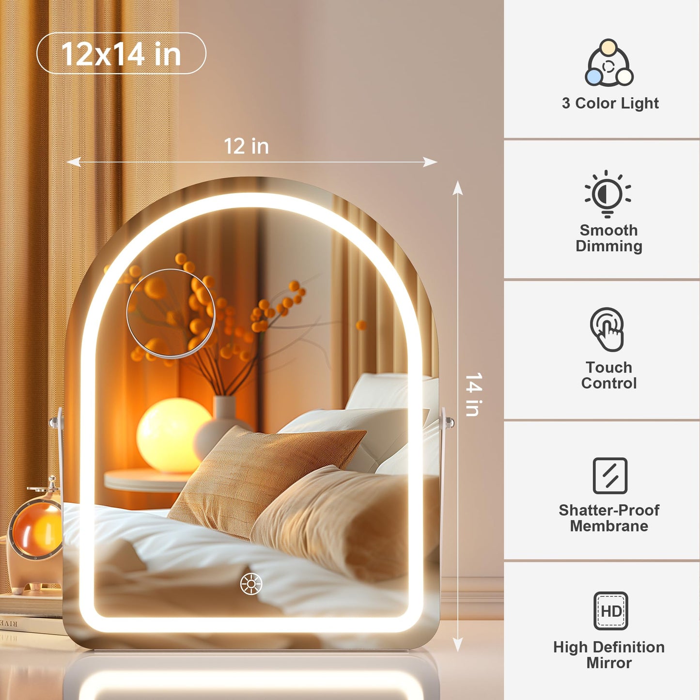 Hasipu Vanity Mirror with Lights, 11"× 14" Arched LED Makeup Mirror, Lighted Makeup Mirror with Lights, Smart Touch Control Dimmable 3 Modes Light 360°Rotation White
