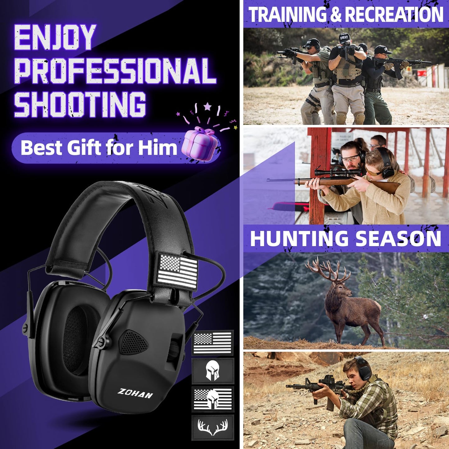 ZOHAN Electronic Shooting Earmuffs Built in Ambient Sound Amplifier, Hearing Protection for Shooters, NRR 23dB Noise Reduction, Ideal Gun Range Ear Protection Headphones for Hunting-Black