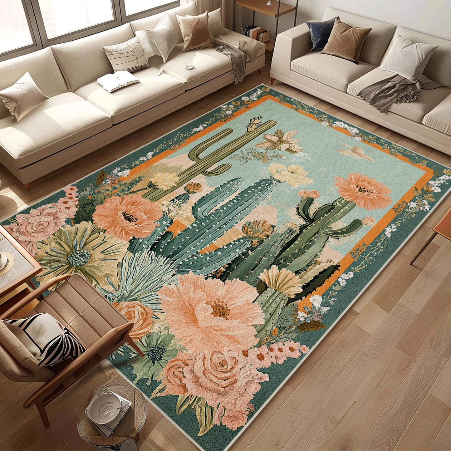 5x7 Cactus Flower Area Rugs Boho Tropical Floral Botanical Green Rug for Living Room Indoor Soft Non-Slip Thin Carpet Modern Abstract Rugs for Dining Room Bedroom Under Table Washable Machine
