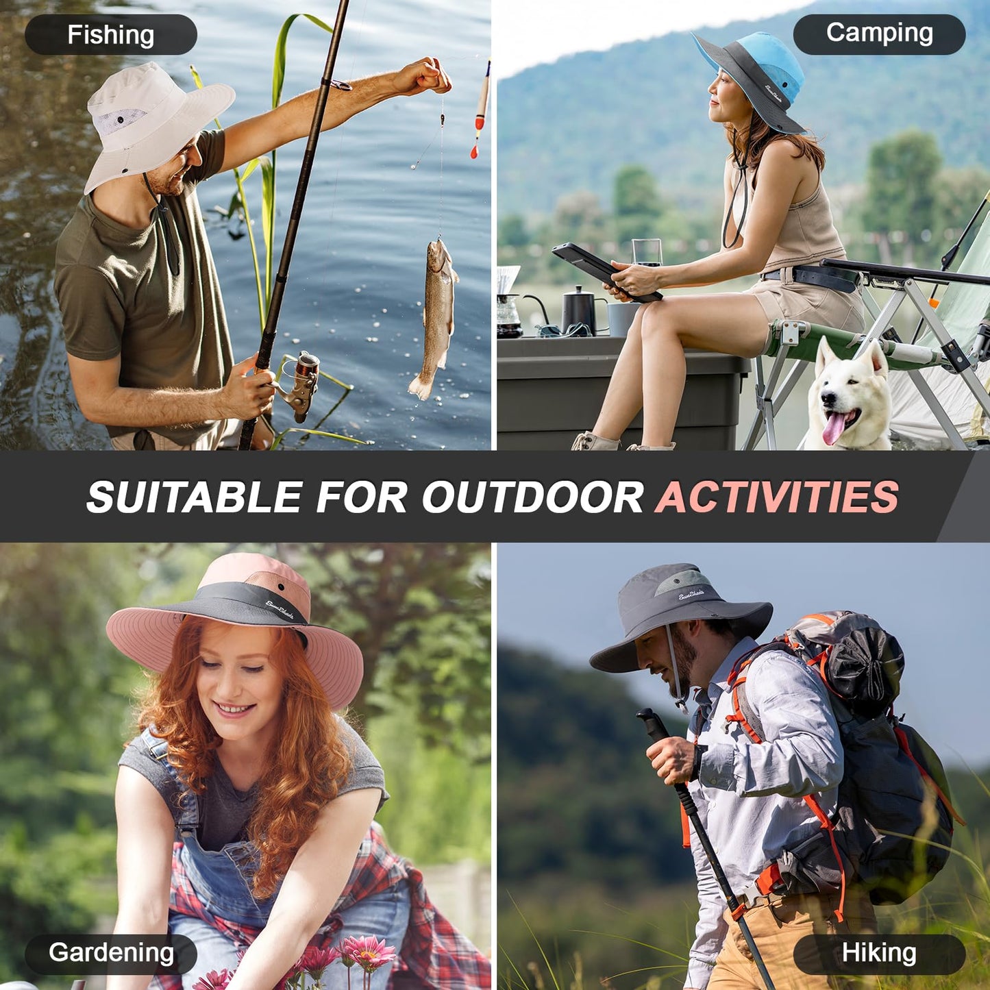 Sun Hats for Women, Wide Brim Beach Bucket Hats with Ponytail Hole, Outdoor UV Protection Foldable Fishing Hat Cooling Mesh Hiking Bucket Hat, Pink