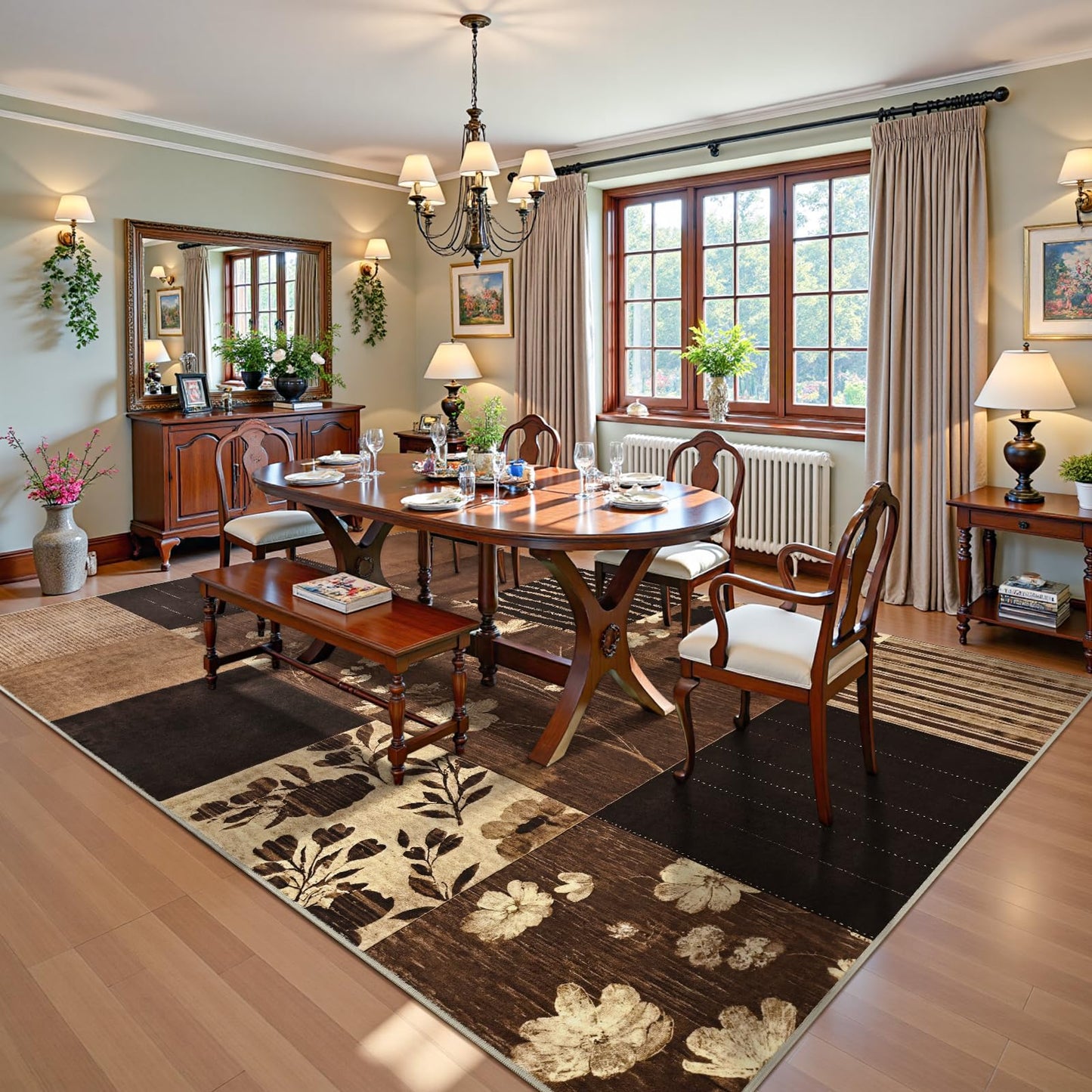 DweIke Area Rugs 4'x6' Washable Dark Brown Rug for Living Room, Non-Slip Modern Geometric Patchwork Stain Resistant Indoor Throw Carpet for Bedroom Dining Room Farmhouse Office Decor