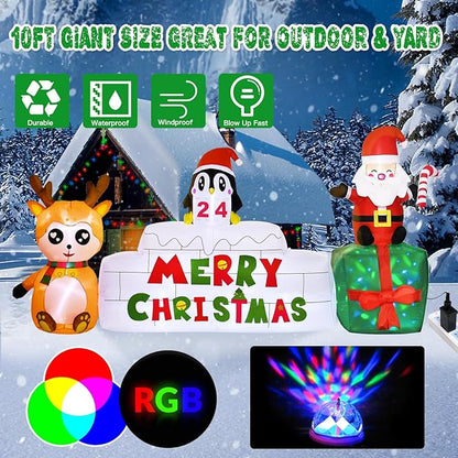 10 Ft Christmas Inflatables Outdoor Decorations Countdown Xmas Blow Up Yard Decorations, Reindeer Santa Inflatables Built-in Rotating Colorful LED Lights Xmas Holiday Party Lawn Decor