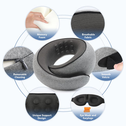 Advanced Memory Foam Neck Travel Pillow, Neck Pillow Airplane with Eye Mask & Ear Plugs, Designed for The Comfort of Travel & Office, Travel Pillow for Plane, Car, Home, Work, Dark Grey
