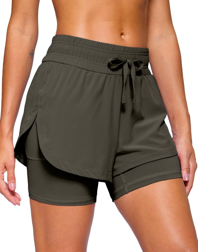 Soothfeel Women's 2 in 1 Running Shorts 5" Athletic Shorts High Waisted Workout Gym Tennis Exercise Shorts with Liner Pocketarmy_GreenM