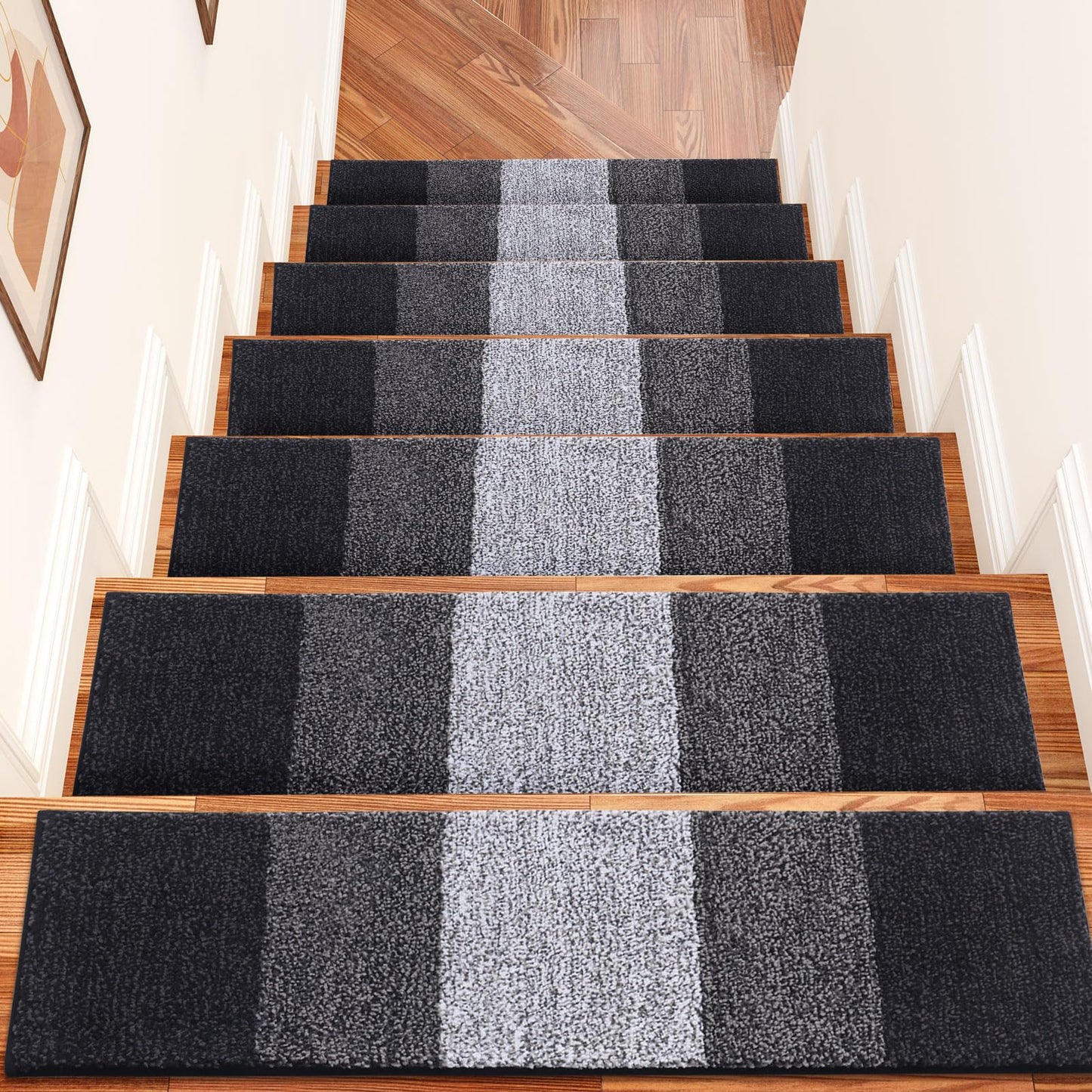 OLANLY Stair Treads Non Slip 10PCS, 8" x 30" Indoor Stair Runners for Wooden Steps, Edging Stair Rugs with Reusable Peel and Stick Adhesive for Kids Elders and Pets, Black