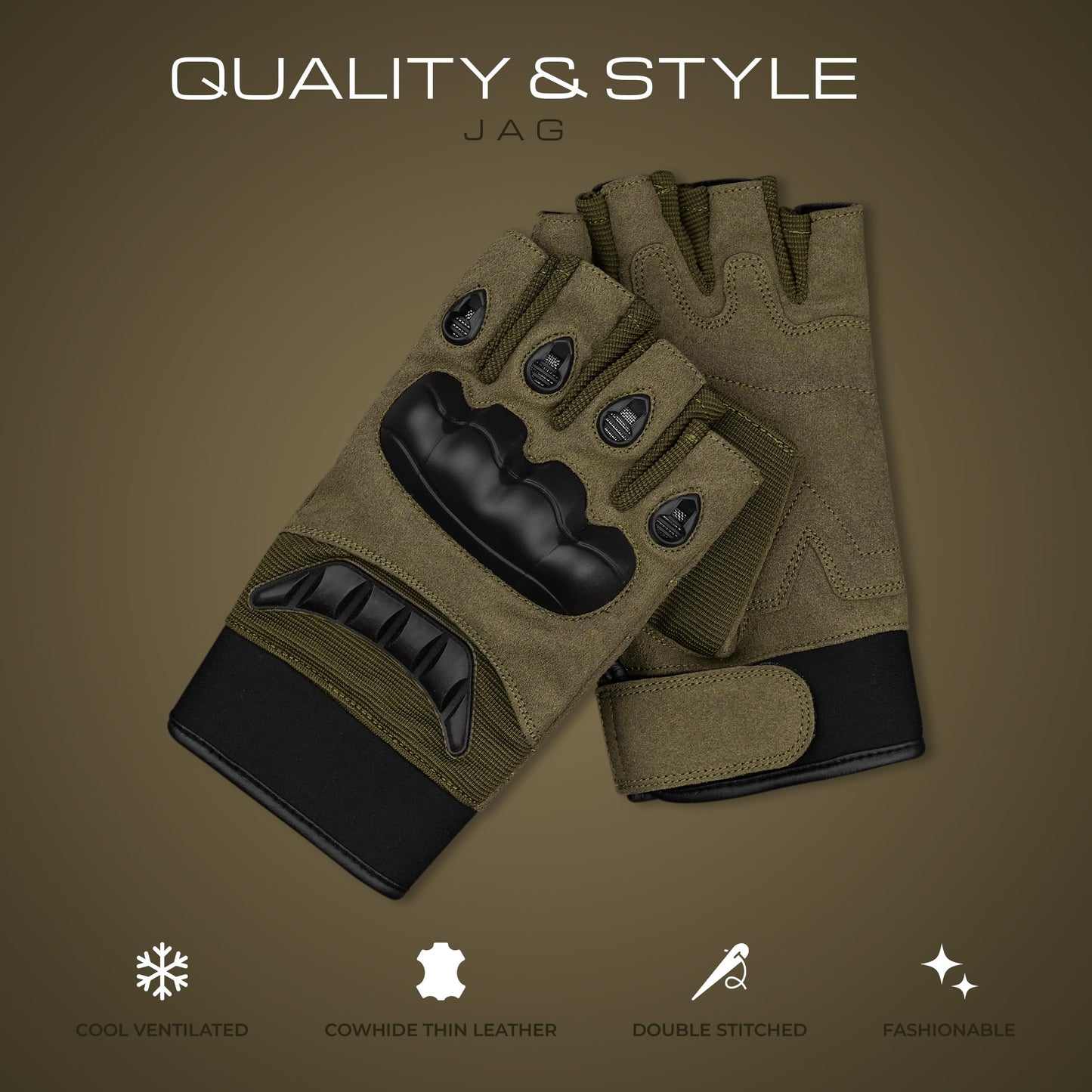 J.A.G. Half Finger Tactical Gloves for Men - Leather Hard Knuckle Sports Padded Glove for Cycling, Hiking, Combat, Hunting, Motorcycle Gloves (Olive Green, Large)