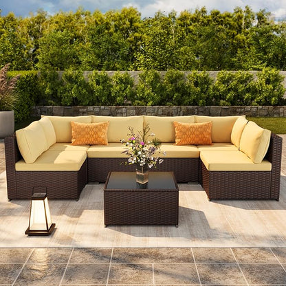 Ahomly 7-Piece Patio Furniture Set, Outdoor Sectional Couch with Water-Resistant Cushions & Coffee Table, PE Rattan Outdoor Patio Sofa Set for Backyard, Deck, Garden, or Porch, Beige