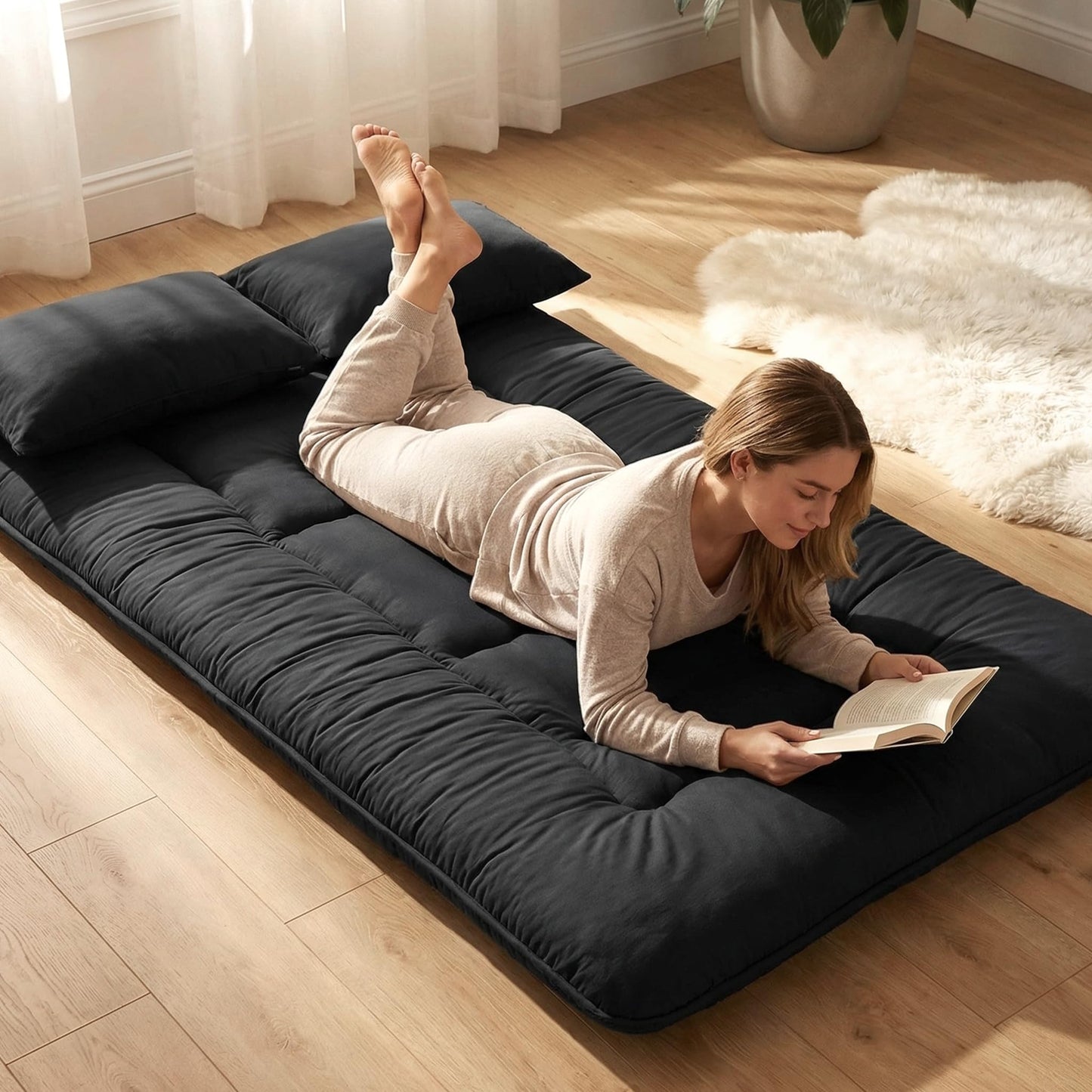 Cosovia Japanese Floor Mattress Futon Mattress, 3.5 Inch Thick Foldable Roll Up Tatami Mat with 2 Pillow Covers, Full Size Floor Bed for Guest Room Dorm Camping Kids, Black